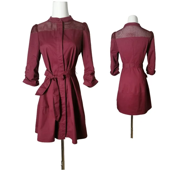 🌰 maroon small stand-up collar 7/10 length sleeves midi dress by MWQR - Picture 8 of 8